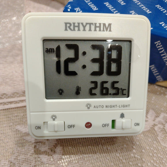 Rhythm LCT105NR02 White LCD Alarm Table Clock with Snooze, Thermometer, and Hygrometer