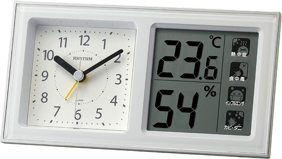 Rhythm 8RE678SR03 White Environment Alert Display Rectangular LCD Alarm Clock | Monitor Your Environment While You Sleep